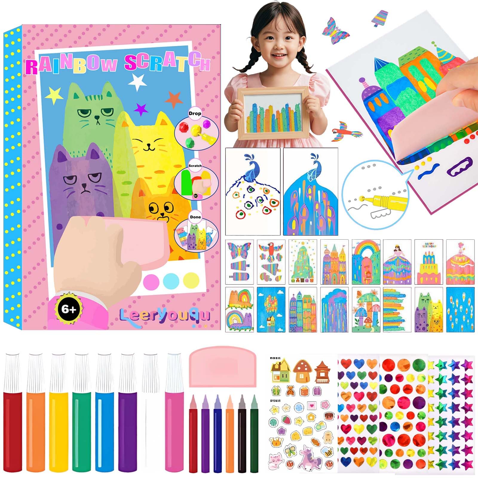 PATPAT® Rainbow Scratch Art for Kids, Squeegee Painting Kits, Magic Dot Scratch Painting Party DIY Gifts for Girls and Boys-Multicolor PATPAT® Rainbow Scratch Art for Kids, Squeegee Painting Kits, Magic Dot Scratch Painting Party DIY Gifts for Girls and Boys-Multicolor